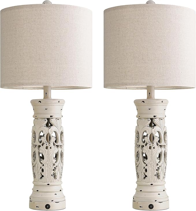 BOBOMOMO 27.25” Farmhouse Table Lamps Set of 2 – Antique White Bedside Lamps with Night Light & USB A+C Ports, Vintage Lamps for Bedroom, Living Room, Entryway, Console Table (Bulbs Included)