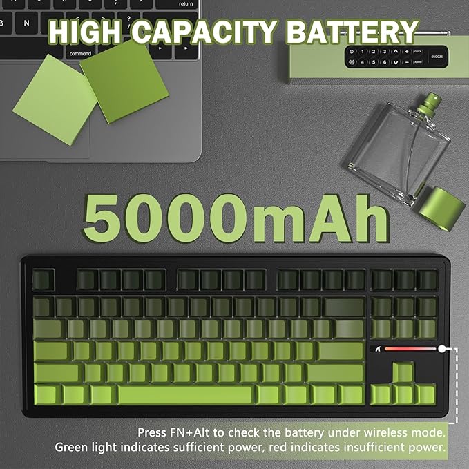 FELICON Attack Shark M87 PRO Wireless Mechanical Gaming Keyboard – 87-Key Tri-Mode (Bluetooth 5.0/2.4Ghz/USB-C), Hot-Swappable Linear Switch, RGB Backlit, 5000mAh Battery – Matcha Green