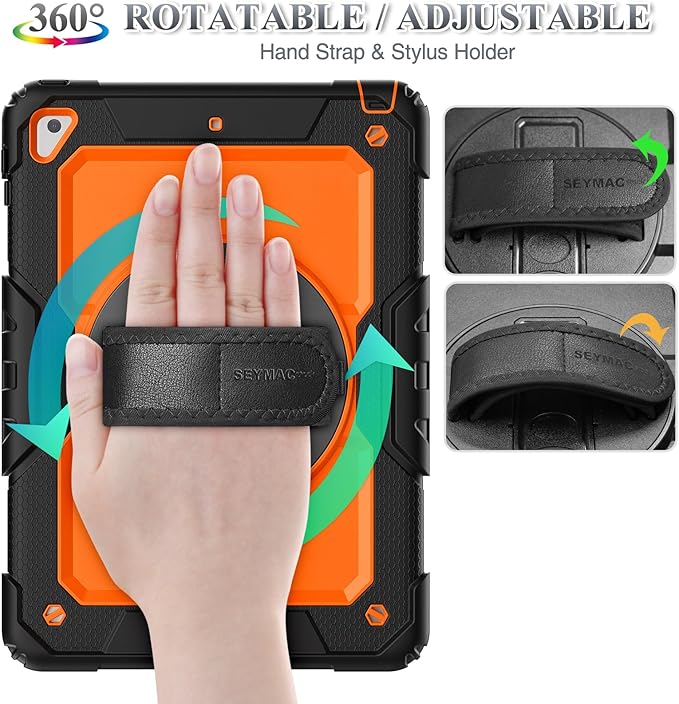 SEYMAC stock Case for iPad 6th / 5th Generation Case/Air 2 / Pro 9.7 inch, Heavy Duty Protective with Screen Protector, with Pencil Holder, Hand Strap, Shoulder Strap, 360 Rotate Stand, Orange+Black