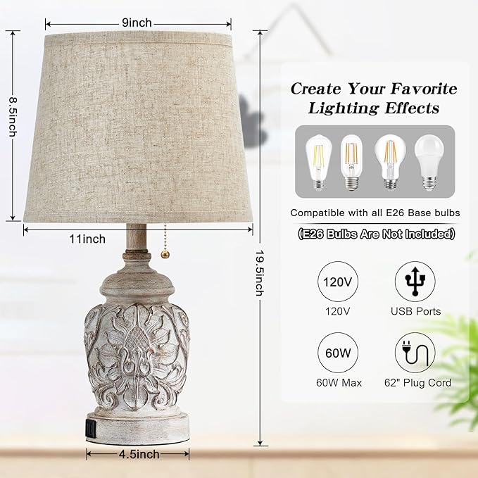 19.5" Vintage Rustic Table Lamp Set of 2 Farmhouse Table Lamps for Living Room Bedroom Decor with USB Ports Traditional Carved Floral White Bedside Night Light Lamps with Pull Chain Switch
