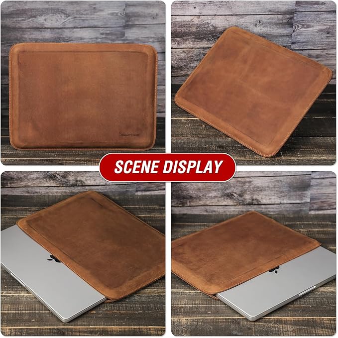 Top Grain Leather 14.2" Slim Laptop Sleeve Protector, Minimalist Vintage Design, Handmade, Compatible with MacBook Pro 14 inch 2021 2022 M1 Pro/M1 Max A2442 & Other PC, Brown 14.2 Inch