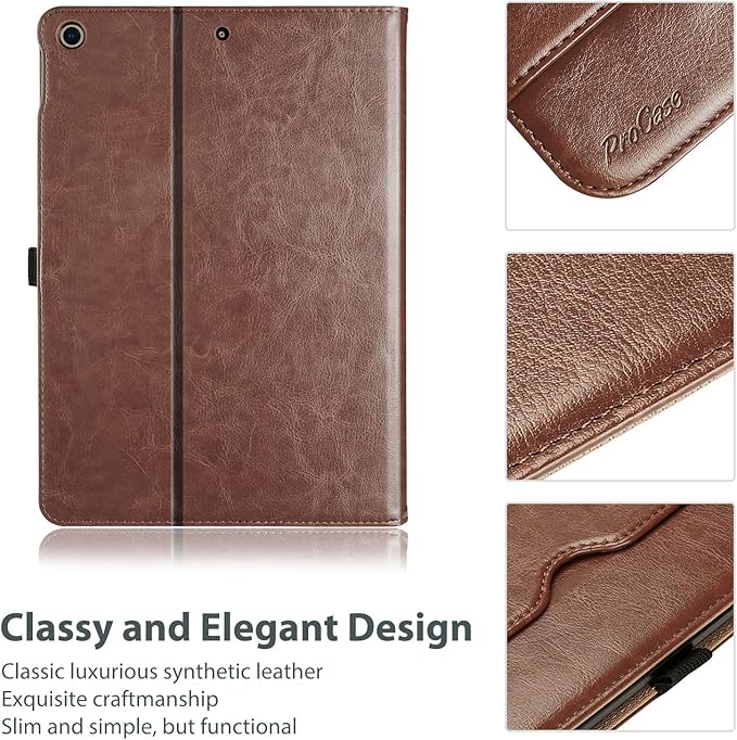 ProCase for iPad 9th/ 8th/ 7th Generation Case 10.2 Inch 2021/2020/2019, iPad 10.2 PU Leather Case Business Stand Cover Smart Folio with Hand Strap Front Pocket Pen Loop -Brown