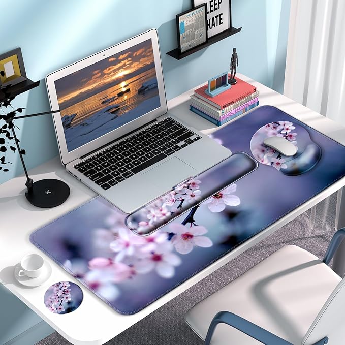 Desk Mat Set + Keyboard and Mouse Pad with Wrist Rest Support,4-in-1 Large Mousepad Computer Mats for Desktop Home & Office-Cherry Bloosom