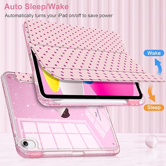 DONGKE for iPad Pro 11 inch Case – Fits M5 2025 / M4 2024, Shockproof Sparkling Glitter Acrylic Back, Pencil Holder, Trifold Stand, Auto Sleep/Wake & Touch ID Support - Pink Polka Dot