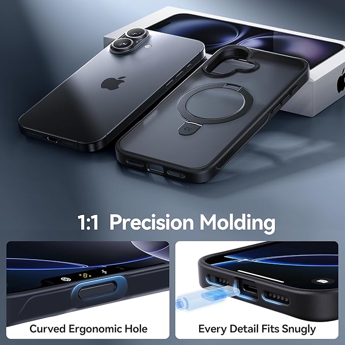 CASEKOO Ultra-Magnetic Stand for iPhone 16 Case [Military Drop Protection] [Compatible with MagSafe] Shockproof Translucent Matte Slim Ring Holder Case for iPhone 16, 6.1", Black