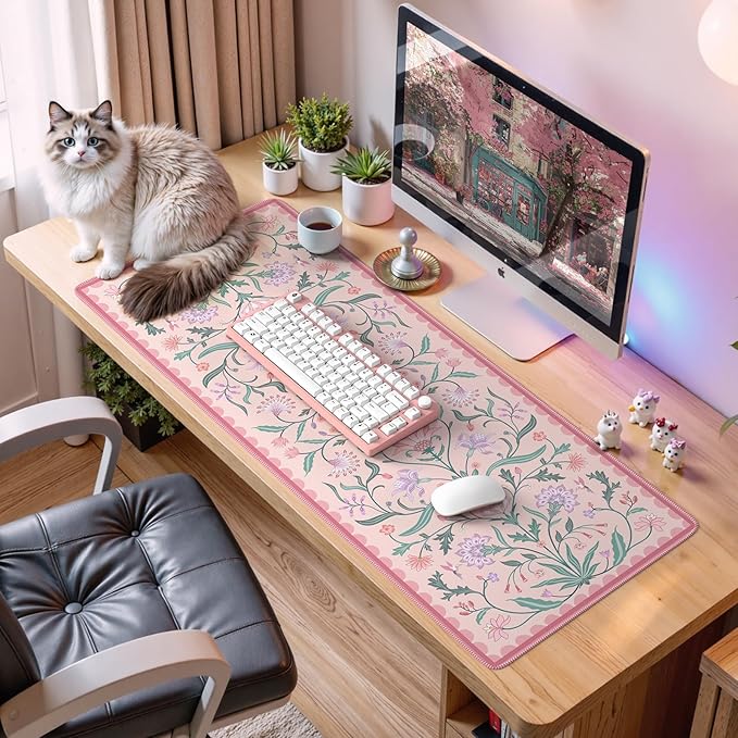 iLeadon Desk Mat Pink, Large Floral Mouse Pad for Desks with Smooth Lycra Surface, Long Full Desk Mouse Cushion for Laptop, Keyboard Mat for Office, Home, Light Pink