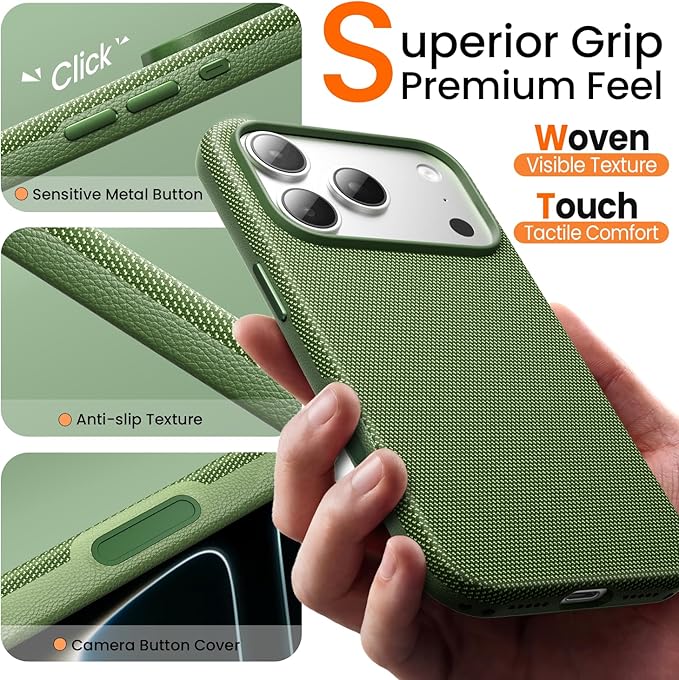 Mkeke for iPhone 17 Pro Max Case Techwoven Green, [Compatible with MagSafe] [Camera Control Cover] [Premium Tech Woven Fabric] [Drop Protection] Shockproof Skin-Friendly