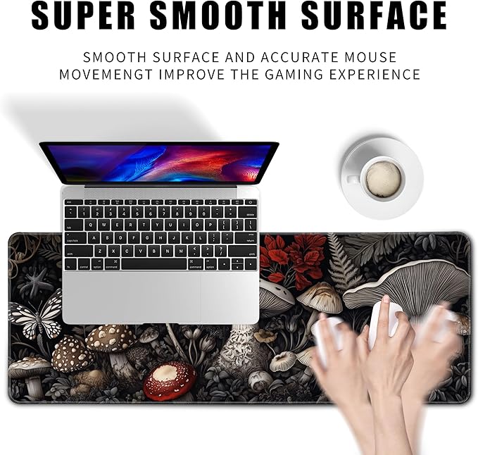 Mushroom Mouse Pad Gaming Desk Pad Ferns XL Large Mat Black Long Extended Mousepad Non-Slip Rubber Mice Pads Stitched Edges Thin Pad (31.5x11.8 Inch)
