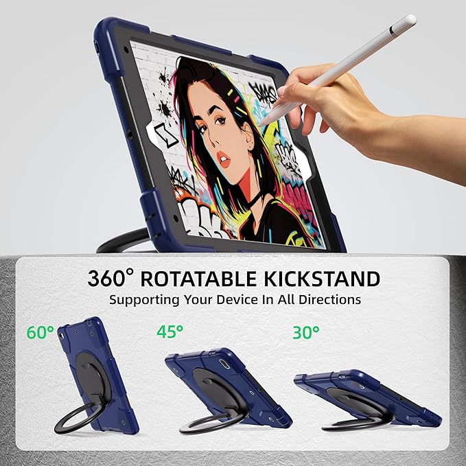 Andnary Case for iPad 9th/8th/7th Generation 10.2 inch, Shockproof Cover with Screen Protector/360° Rotate Stand/Pencil Holder/Shoulder Strap, Kids Case for iPad 2021/2020/2019 (Navy+Black)