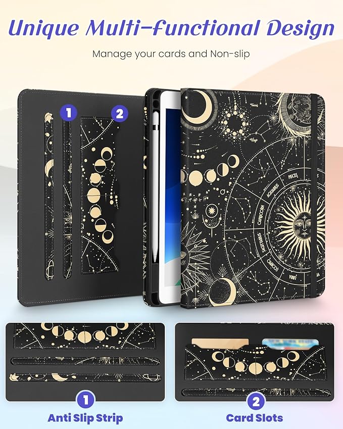 Kidcube for iPad 9th/8th/7th Generation Case 10.2 Inch - for Women Girls Cute Rotating Stand Folio Cover with Pencil Holder & Card Slot Girly Sun Moon Stars Design Teens for iPad 9th/8th/7th Gen Cases