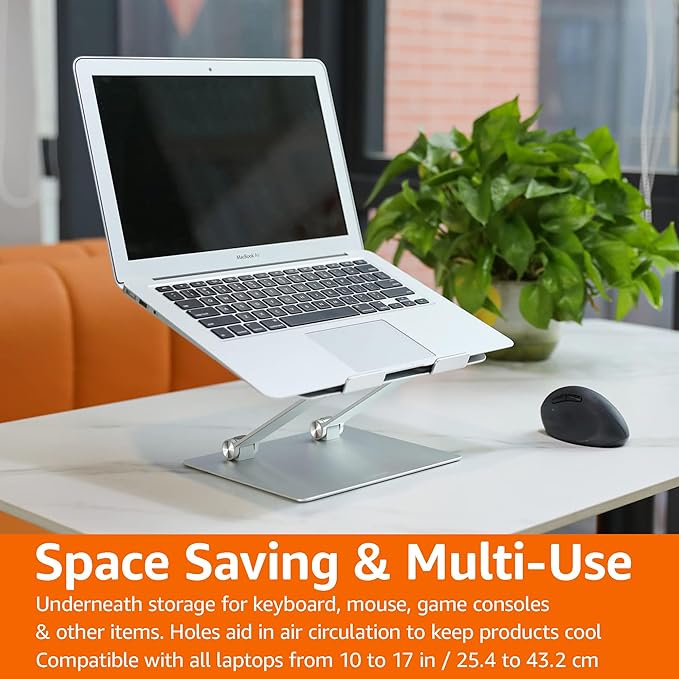 Amazon Basics Sturdy and Portable Ergonomic Laptop Stand for Desk, Height Adjustable Riser with Ventilated Cooling, Foldable, Fits all Laptops up to 15.6 Inch, Silver