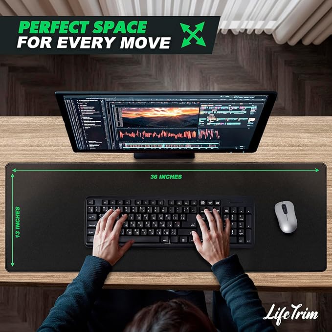 LifeTrim 36” x 13” Extra Large Mouse Pad Gaming Extended Keyboard Mat Full Desk Cover Oversized Mouse Pad XL Desk Protector Mat Giant Thick Black Gaming XXL Mousepad Large Desk Mats Deskpad