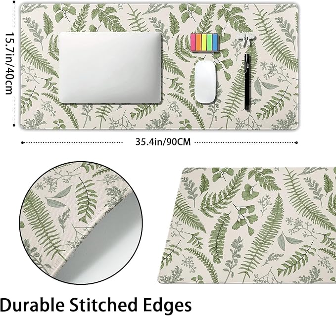 White Green Plant Flowers Mouse Pad XXL Tropical Fern Botanical Leaves Extended Desk Mat 90X40cm Non-Slip Rubber Base Stitched Edge Large Mousepad for Gaming Laptop Computer Desktop 35.4×15.7 Inch