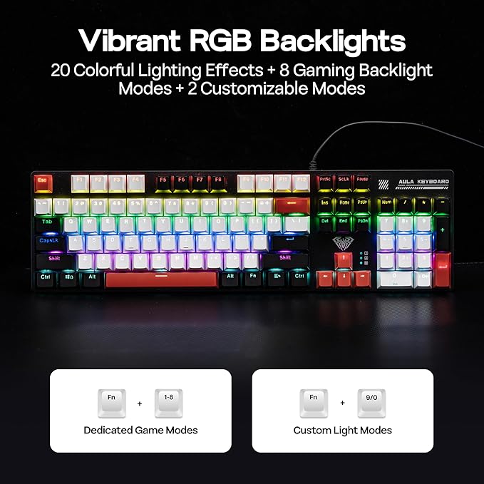 MechLands Aula S500 Wired Gaming Keyboard, 100% Full Size Mechanical Keyboard with Number Pad, 104 Keys, NKRO, RGB Backlits, Shine Through Keycaps, Ergonomic for PC E-Sports (Black&Red, Blue Switch)