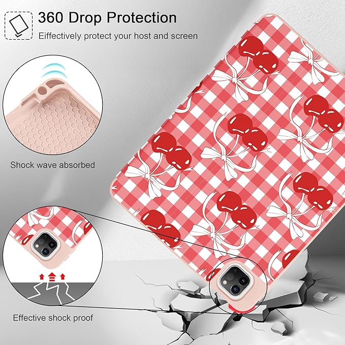 May Chen Case for iPad Pro 11 inch (4th, 3rd, 2nd & 1st Gen) 2022 2021 2020 2018, Trifold Stand + Pencil Holder + Auto Wake/Sleep + Soft TPU Protective Stand Back Cover, Cherry Bow