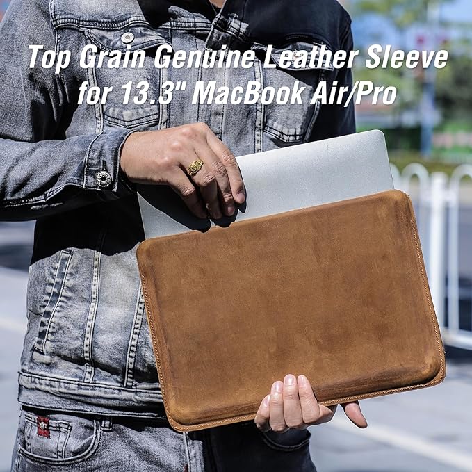 Top Grain Leather 13.3" Slim Laptop Sleeve Protector, Minimalist Vintage Design, Fully Handmade, Compatible with MacBook Pro 13.3" MacBook Air 2022 DELL XPS 13" & Other PC, Brown 13.3 Inch