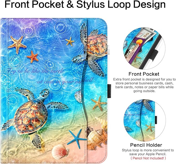 Lokigo Case for iPad Air 13 Inch M4/M3/M2 (2026/2025/2024), iPad Pro 12.9 Inch 6th/5th/4th/3rd Gen with Pencil Holder/Hand Strap/Pocket, Support Touch ID, Shockproof Soft Back Stand Cover, Sea Turtle