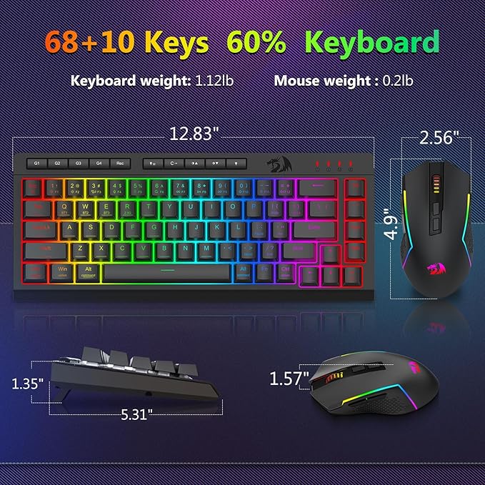 Redragon Wireless Gaming Keyboard and Mouse Combo, Bluetooth/2.4G/USB-C Wired, RGB Backlit, 60% Portable Quiet Rechargeable Macro Membrane Keyboard & 12800 DPI Mouse with Software for Win/MAC