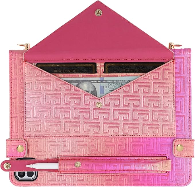 Shiny Case for iPad Pro 13" M5 M4 (2025/2024) Handbag Case, Techcircle Iridescent PU Leather Folio Envelope Pocket Stand Cover with Hand Strap+Shoulder Strap+Pencil Holder+Card Slots, Shiny Rose Pink