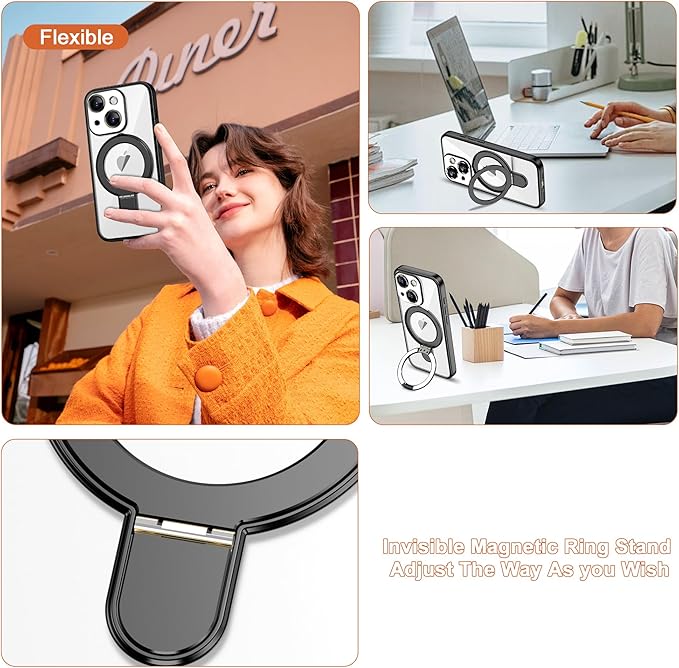 Compatible with iPhone 15 Case with Invisible Magnetic Ring Stand [Compatible with Mag-Safe] [Full Camera Lens Protector] Plating Clear Phone Case for iPhone 15 6.1", Black