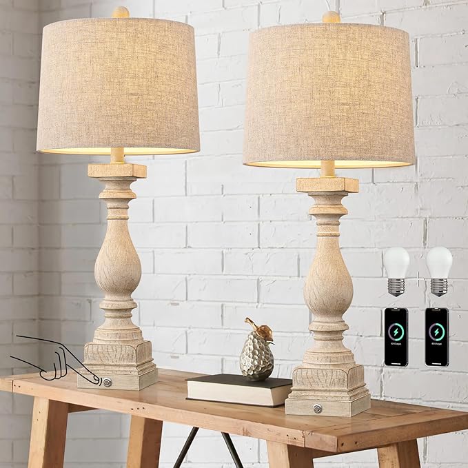BOBOMOMO 27" Farmhouse Black Table Lamp Set of 2 with USB A+C for Bedroom Living Room Vintage Rustic Traditional Nightstand Bedside Lamps Retro Side Table Lamps (Blubs not Included)