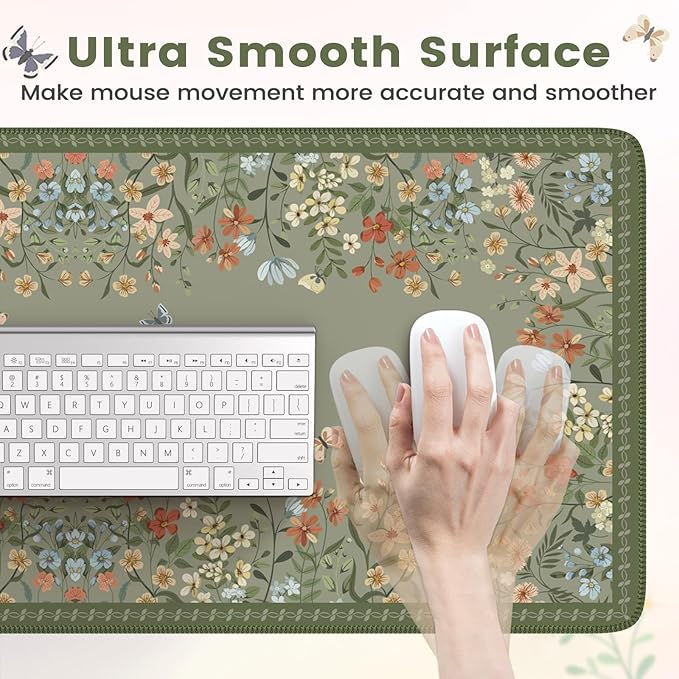HAOCOO Dark Green Floral Desk Mat, Desk Mat for Keyboard and Mouse, XL Mouse Pad with Non-Slip Rubber Base, Waterproof Computer Mats for Desktop, Long Mouse Pad for Gaming, Women Office