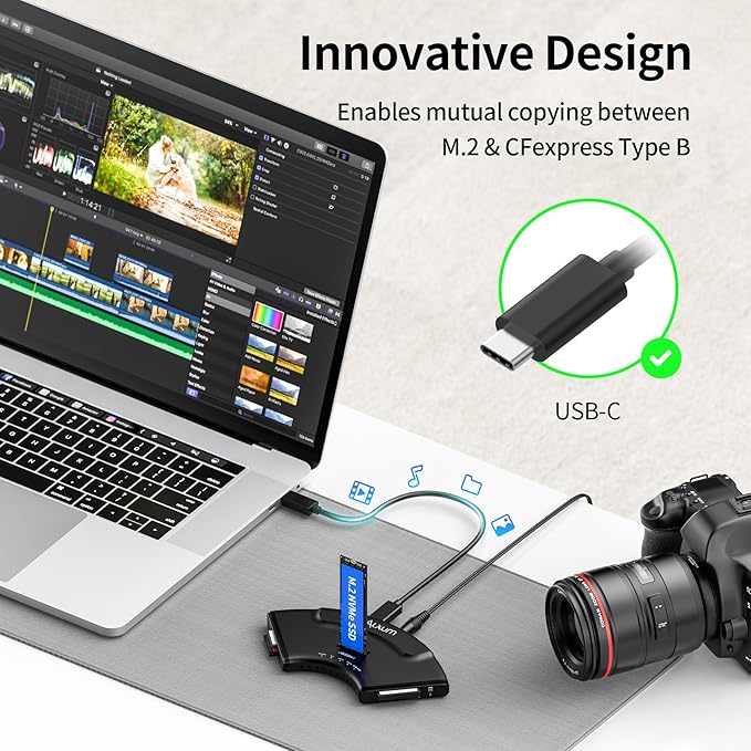 Alxum 5-in-1 USB C 10Gbps Multi-Card Reader & M.2 NVMe Enclosure Plug & Play for Photographers Video Editors, CFexpress A/B, SD 4.0, Micro SD, All M.2 SSD 2230 to 22110