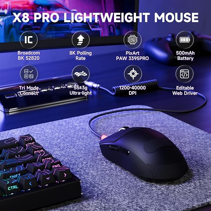 ATTACK SHARK X8 PRO 8K Wireless Gaming Mouse,PAW 3395PRO Sensor,40K DPI,Tri-Mode,55g Ultra-Light,Broadcom 52840 MCU Chip,Programmable Mice with Coiled Cable for PC/MAC/Win-Black&Tape