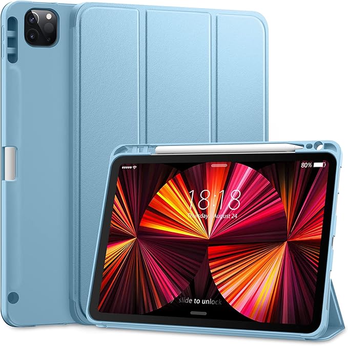 DTTO for iPad Pro 11 inch 4th/3rd/2nd/1st Generation 2022/2021/2020/2018 Case, Smart Slim Trifold Stand Soft TPU Back Cover with Built-in Pencil Holder, Also Fit iPad Air 5/4,Sky Blue