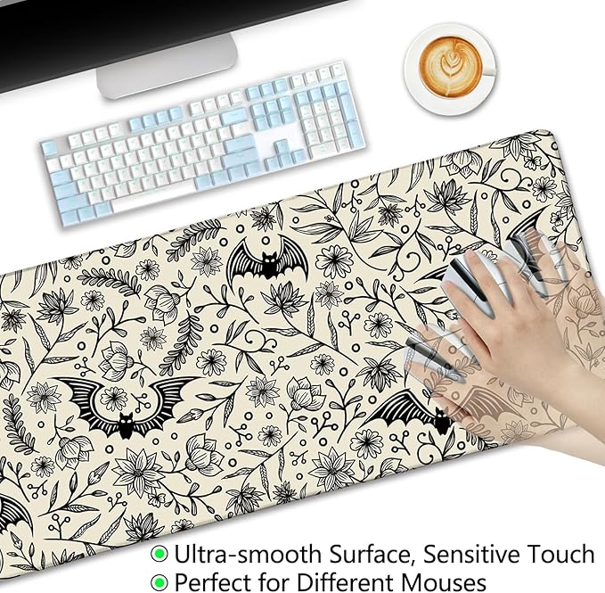 LIMKRIAN Goth Bat Mouse Pad Large Desk Mat, Extra Large Gaming Computer Mousepad with Stitched Edges Non-Slip, Keyboard Mouse Pad for Desktop Gothic Home Office Desk Accessories 31.5in