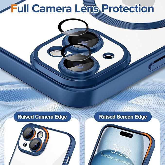 Hython Magnetic Clear for iPhone 15 Plus Case with Camera Lens Protector [Compatible with MagSafe] Luxury Plating Edge Slim Soft TPU Cover Protective Phone Case for iPhone 15 Plus, Matte Deep Blue