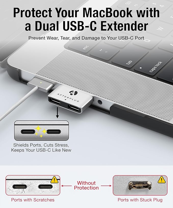 Dual USB‑C Extender for MacBook with Case, 2-Port Pass‑Through Adapter for Thunderbolt 5/4/3 & USB4 – 240W PD, 8K Video, 80Gbps Data - Sky Blue