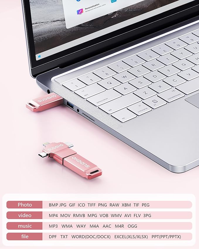 MFi Certified Photo Stick 256GB USB Flash Drive for iPhone, 4 in 1 External Memory Thumb Drive for Picture Video Backup, High Speed Memory Stick Pen Drive for iPhone/iPad/Android/PC (Rose Pink)
