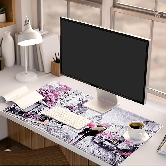 Lokigo Desk Mat for Keyboard and Mouse, Large Mouse Pad, Paris Eiffel Tower Desk Pad Mat, Romantic Gray Pink Large Desk Mat for Girls Women, Pink, 35.4"x15.7"