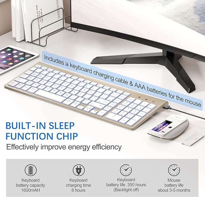 TopMate Wireless Keyboard and Mouse Ultra Slim Combo, 2.4G Silent Compact USB 2400DPI Mouse and Scissor Switch Backlit Keyboard Set, for PC/Laptop/Windows/Mac/Gaming - Gold White