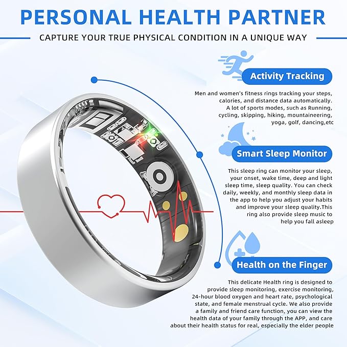 Smart Ring Health Tracking, Sleep Tracking, Heart Rate, Blood Oxygen, Blood Pressure，Fitness Ring, Activity Monitoring, 5 Days Battery, 5ATM Waterproof, No Subscription (Silver, 12#)