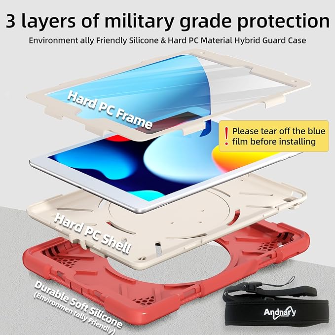 Andnary Case for iPad 9th/8th/7th Generation 10.2 inch, Shockproof Cover with Screen Protector/360° Rotate Stand/Pencil Holder/Shoulder Strap, Kids Case for iPad 2021/2020/2019 (Orange Pink+White)
