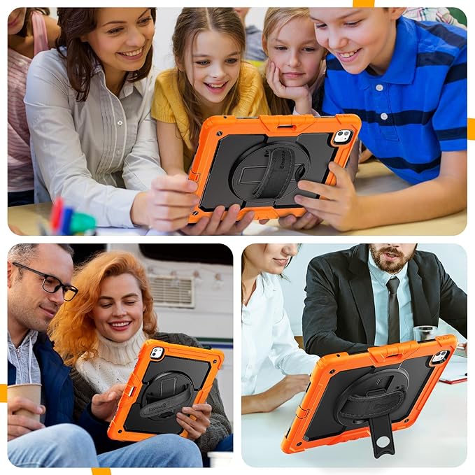 timecity Case for iPad Pro 13 Inch M5 2025 / M4 2024, 360° Rotating Stand, Pencil Holder & Wireless Charging, Shockproof with Screen Protector & Shoulder Strap - for Designers & Professionals, Orange