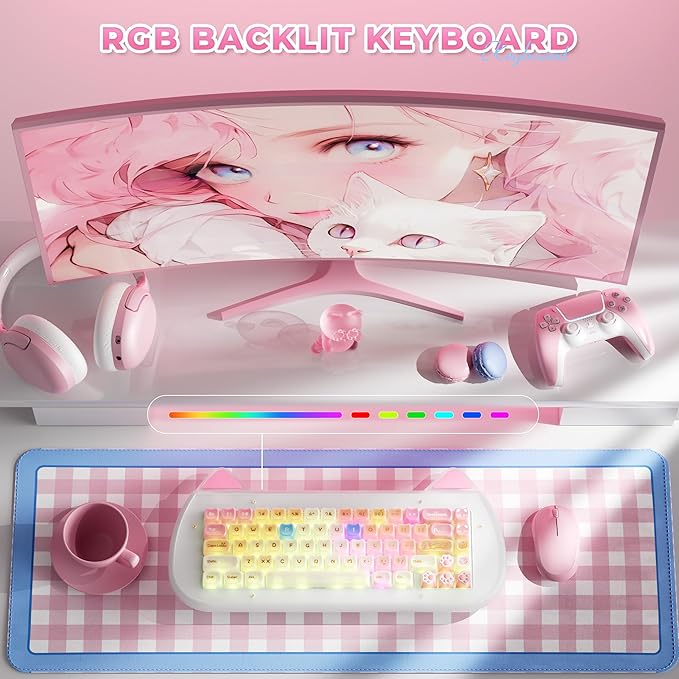 XVX C67 Wireless Mechanical Keyboard Cute Design, 60% Gaming Creamy Keyboard Custom QMK/VIA, BT5.0/2.4G/USB-C Mode, Hot Swappable Linear Switch RGB Backlits, Gasket Mount for Win/Mac(AcriCat, Pink)