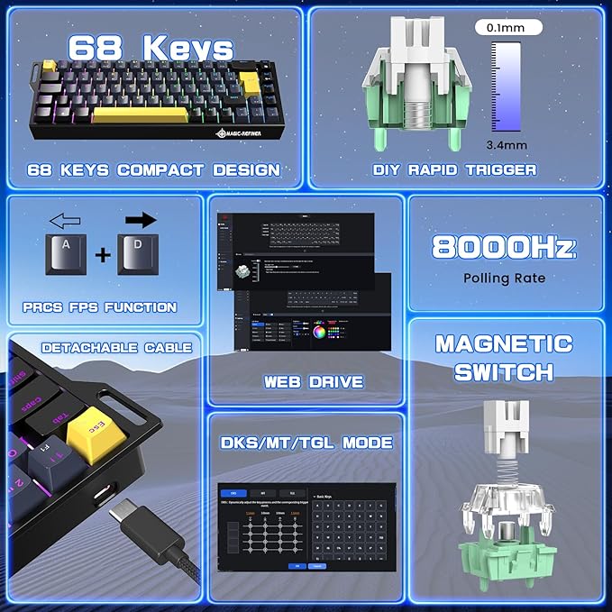 MAGIC-REFINER X68 HE Wired 60% Hall Effect Rapid Trigger Mechanical RGB Gaming Keyboard with 8K Polling,0.04mm RT Accuracy,Magnetic Switch,Adjustable Actuation,Snap Tap for PC Mac Gamer (Starry Night)