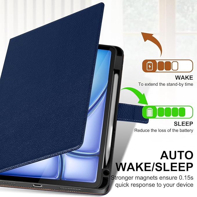 Genuine Leather Case for iPad Air 11" M4 2026/M3 2025/M2 2024, 5th/4th Gen 10.9" | with Pencil Holder and Adjustable Stand, Magnetic Closure, Auto Wake/Sleep Cover | Blue