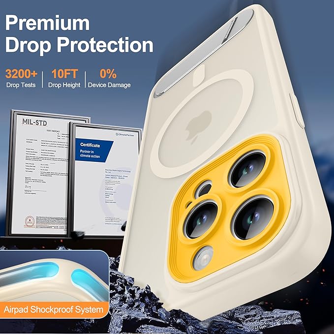 Magnetic Compatible with iPhone 15 Pro Case, [Built-in Kickstand][Full Camera Protection][Compatible with MagSafe][Anti-Fingerprint] Shockproof Phone Case for iPhone 15 Pro 6.1",Beige & Yellow