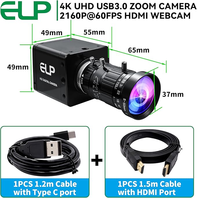 ELP 4K 60fps USB3.0 HDMI Camera Manual Zoom Webcam H.264 High Speed UVC Lightburn Cameras for Computer Low Illumination Simultaneous Output 10X Zoom Web_Camera for Windows Linux Mac TV Projector