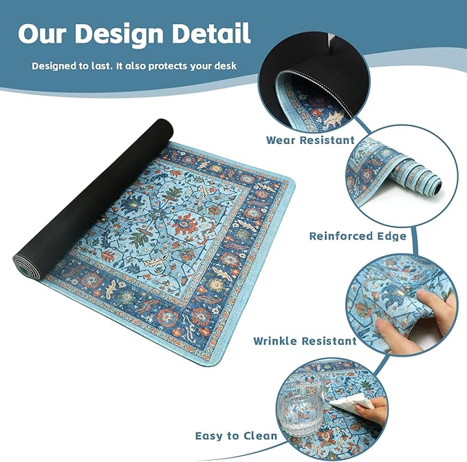 Baziabbo Blue Cute Desk Mat,XXL Extended Large Mouse Pad,Gaming Mousepad with Stitched Edge,Non-Slip Rubber Base Keyboard Desk Pad for Home Office Study Game (Blue-A)