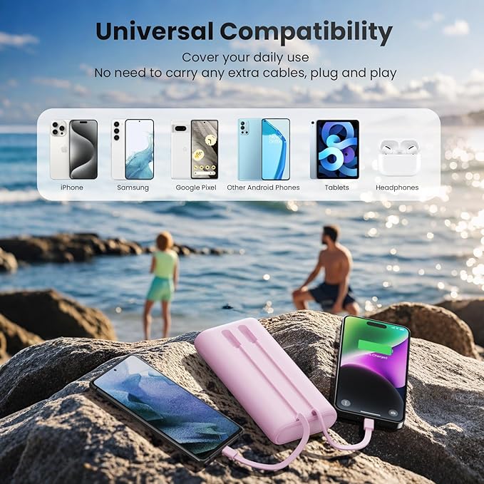 Upgraded Portable Charger 40800mAh Power Bank - Portable Battery with 2 Built in Cables,PD 25W USB C Fast Charging Battery Pack Compatible with iPhone 17 16 15 14 13 Android Phone Tablets etc-Pink