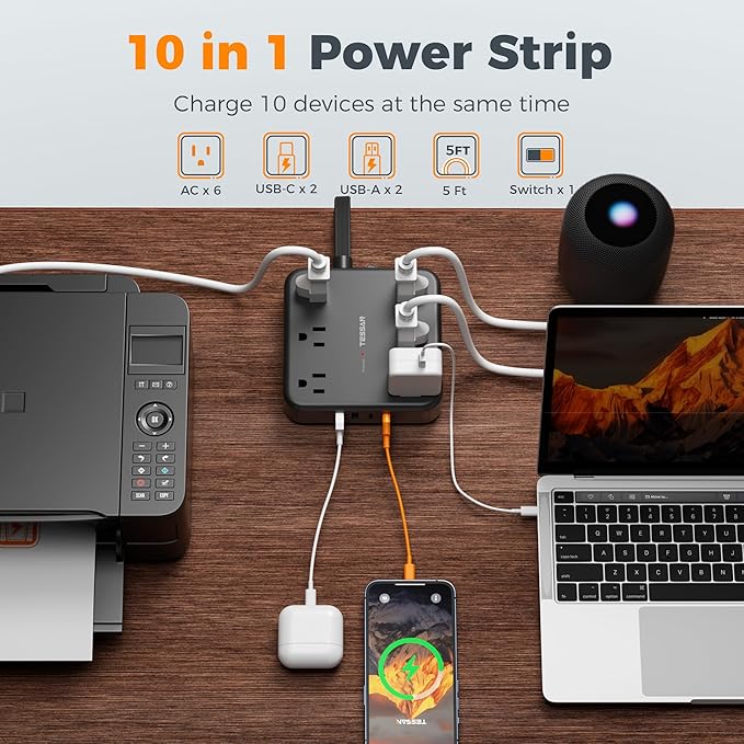 TESSAN 5Ft Black Extension Cord with Multiple Outlets, Surge Protector Power Strip with 6 Outlets and 4 USB Ports (2 USB C), 2100 Joules Protection, Flat Plug, Outlet Extender for Home, Office, Dorm