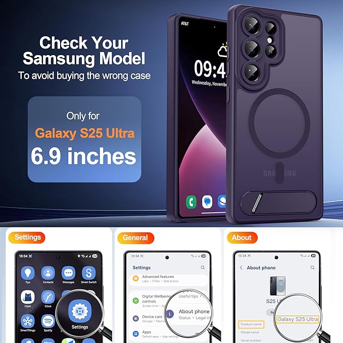 Magnetic for Samsung Galaxy S25 Ultra Case, [Compatible with MagSafe][Full Camera Protection][Built-in Invisible Kickstand] Translucent Matte Phone Case for S25 Ultra 6.9" - Purple