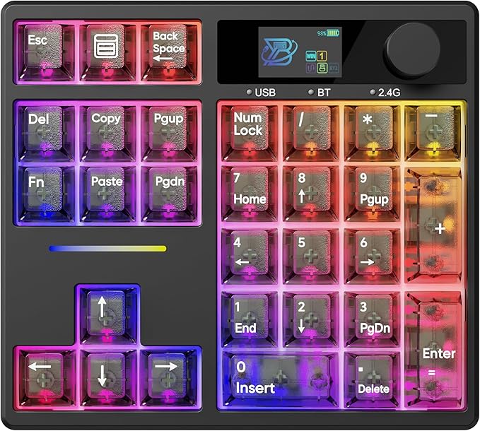 BOYI TD31Pro Gaming Keyboard,Mini Mechanical Numpad,BT5.0/2.4G/Type-C Wireless Numeric Keypad,RGB HotSwap Numpad with Screen&Knob,Gasket Macro Pad Number keypad for Win/Mac(Black Transparent)
