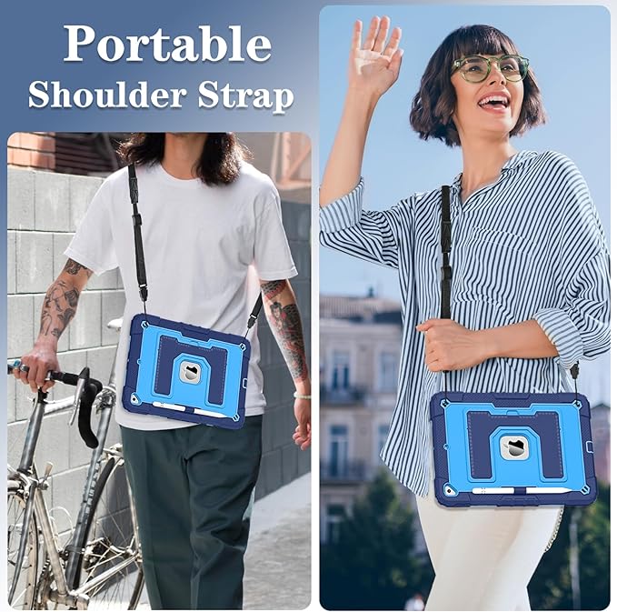 Kids Friendly Case for Apple iPad 10.2" 9th 8th 7th Generation 2021/2020/2019 Case with Pencil Holder & Shoulder Strap, Military Grade Shockproof Kickstand Hard Shell Protective Cover,Blue