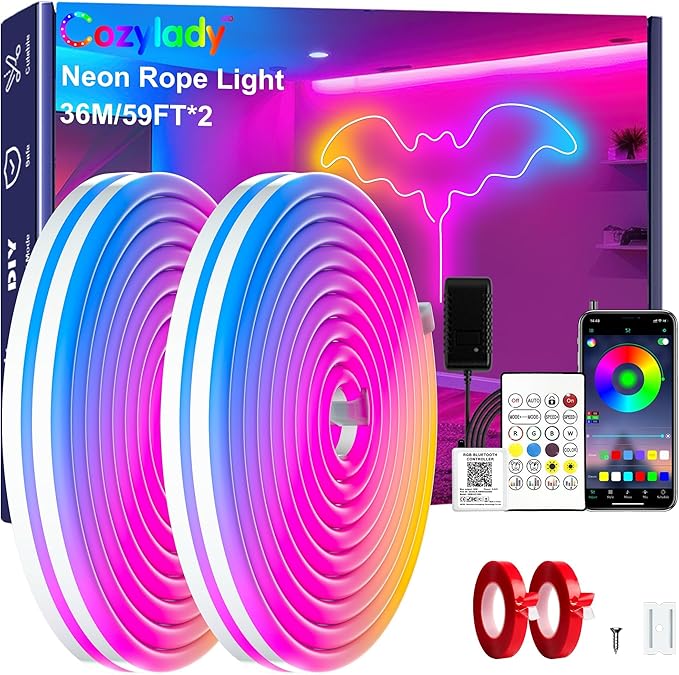 Cozylady RGB Neon LED Rope Lights, Waterproof Bluetooth APP Remote Control Music Sync Strip Lights, 24V Flexible DIY Silicone Light for Bedroom Home Indoor Outdoor Decor (36M/120Ft)